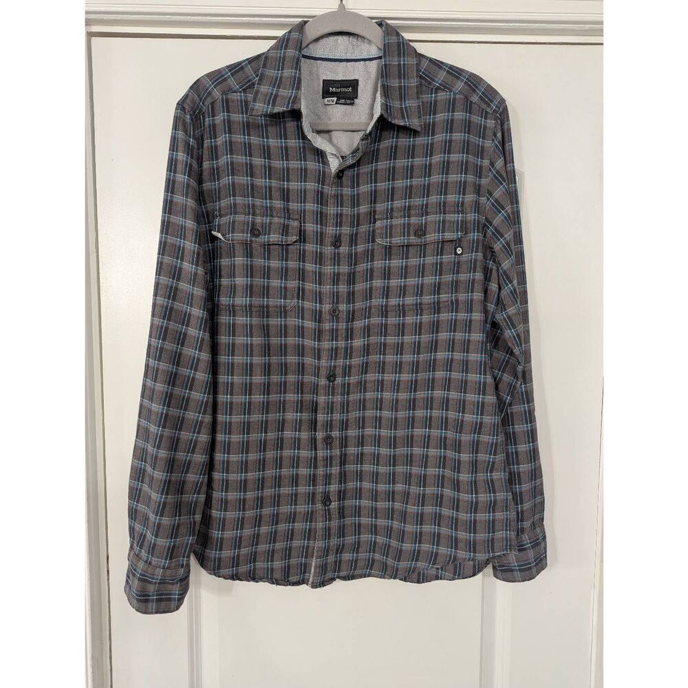 Marmot‎ Plaid Button Up Shirt men's size medium gray Fairfax flannel outdoor